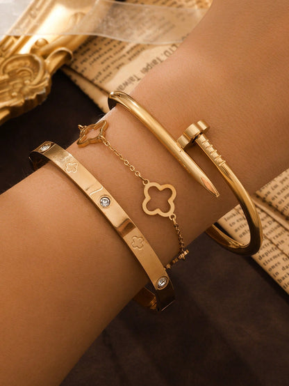 3Pcs/Set Stainless Steel Golden Nail & Clover Bracelet 