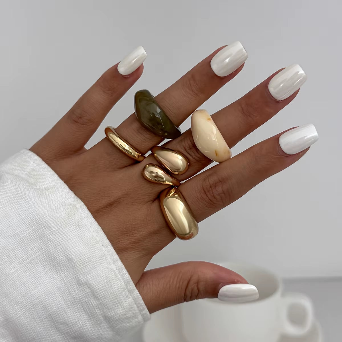 5Pcs/Set Metal Resin Smooth Water Drop Opened Rings for Women Fashion Punk Simple Personality Color Finger Ring Party Jewelry