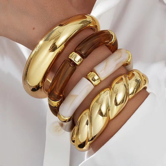 4Pcs Vintage Minimalist Elegant Brown Resin Elastic Bangle Set Gold Color Smooth Open Bracelets for Women Daily Holid Jewelry