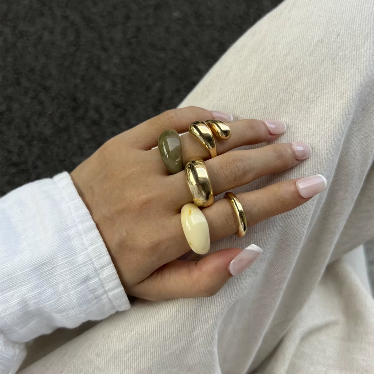 5Pcs/Set Metal Resin Smooth Water Drop Opened Rings for Women Fashion Punk Simple Personality Color Finger Ring Party Jewelry