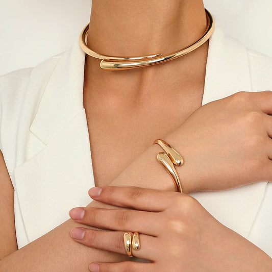 Vintage-Inspired Geometric Water Drop Choker Necklace and Bangle Ring Set for Women in Gold Metal
