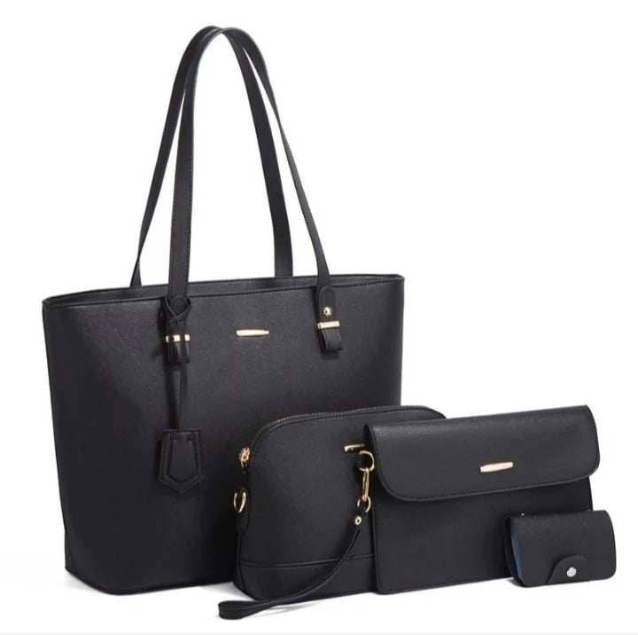 4 Piece Women Fashion Tote Handbag Shoulder Bag - Brown and Black