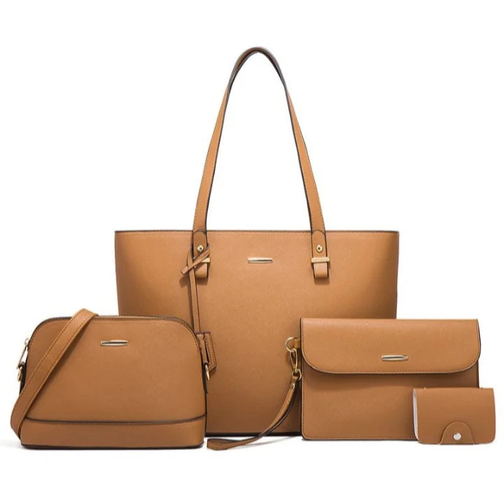 4 Piece Women Fashion Tote Handbag Shoulder Bag - Brown and Black