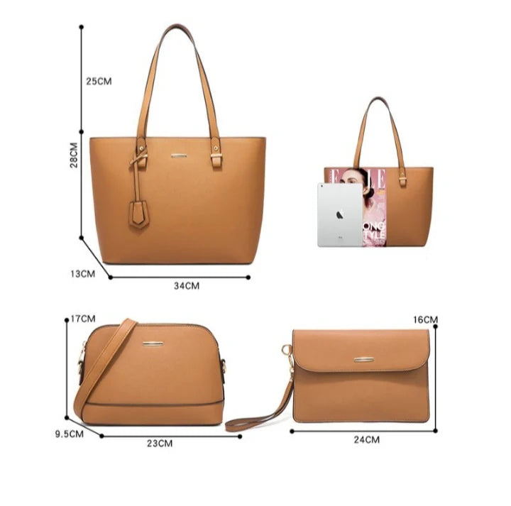 4 Piece Women Fashion Tote Handbag Shoulder Bag - Brown and Black