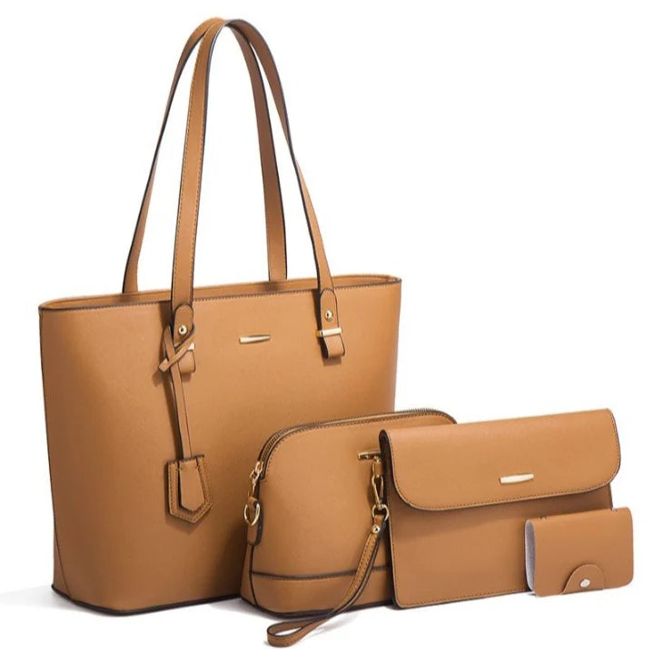 4 Piece Women Fashion Tote Handbag Shoulder Bag - Brown and Black