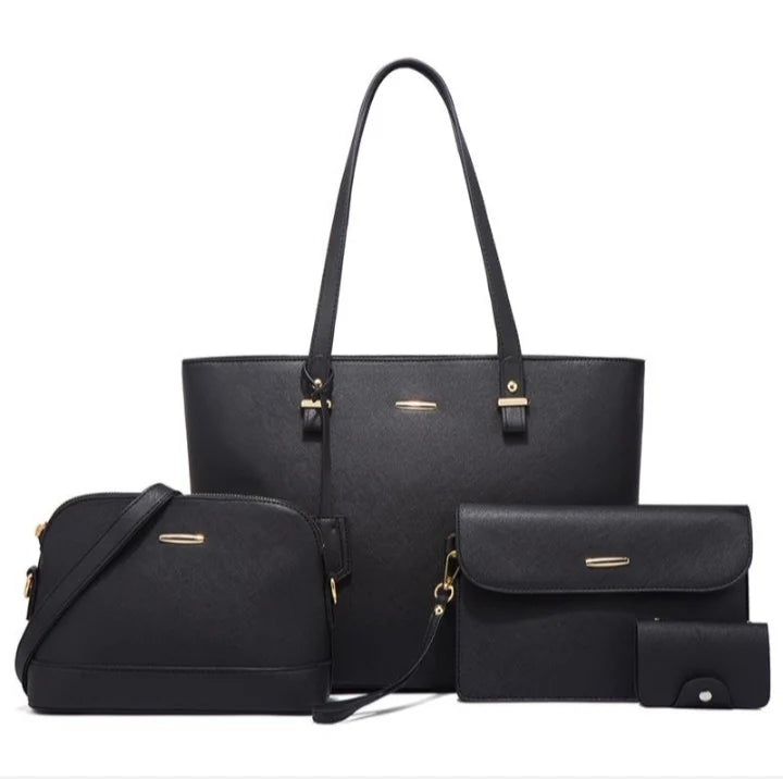 4 Piece Women Fashion Tote Handbag Shoulder Bag - Brown and Black